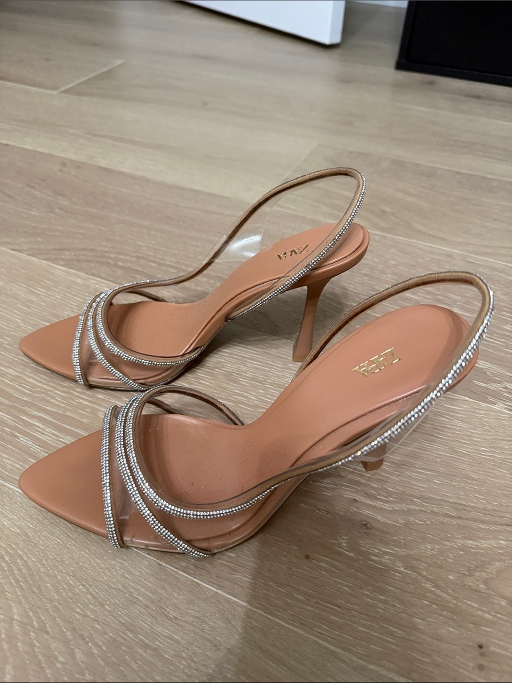 Zara Tan Pointed-Toe Clear D'Orsay Heels with Rhinestone Straps - Picture 4 of 4